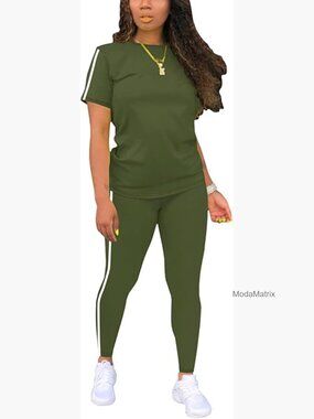 2 Piece Outfits Sweatsuit Summer Workout Striped Short Sleeve Long Sweatpants